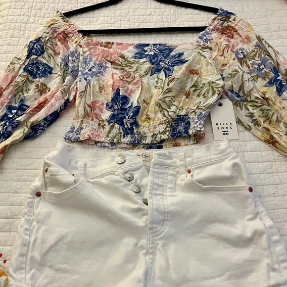 NWT Billabong Cropped Floral 3/4 Sleeve Top Size S & Bonus White Denim Shorts - Picture 1 of 2